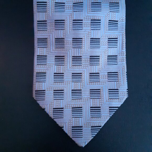 Sazzari Pastel Blue w/ Navy Line Squares Repeating Pattern 100% Silk Tie - Picture 9 of 11